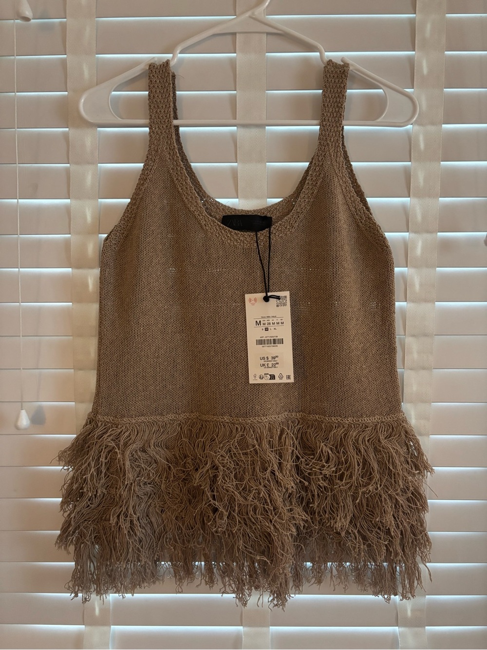 NWT- ZARA Sleeveless Fringe Hem Knit Tank Top - Taupe, size M